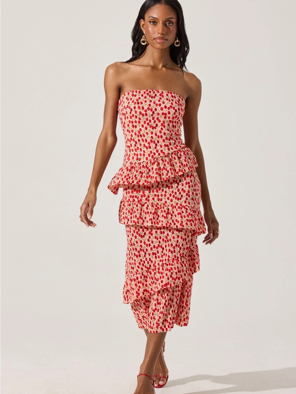 Astr Strapless Pink and Red Dot Tiered Ruffle Midi Dress